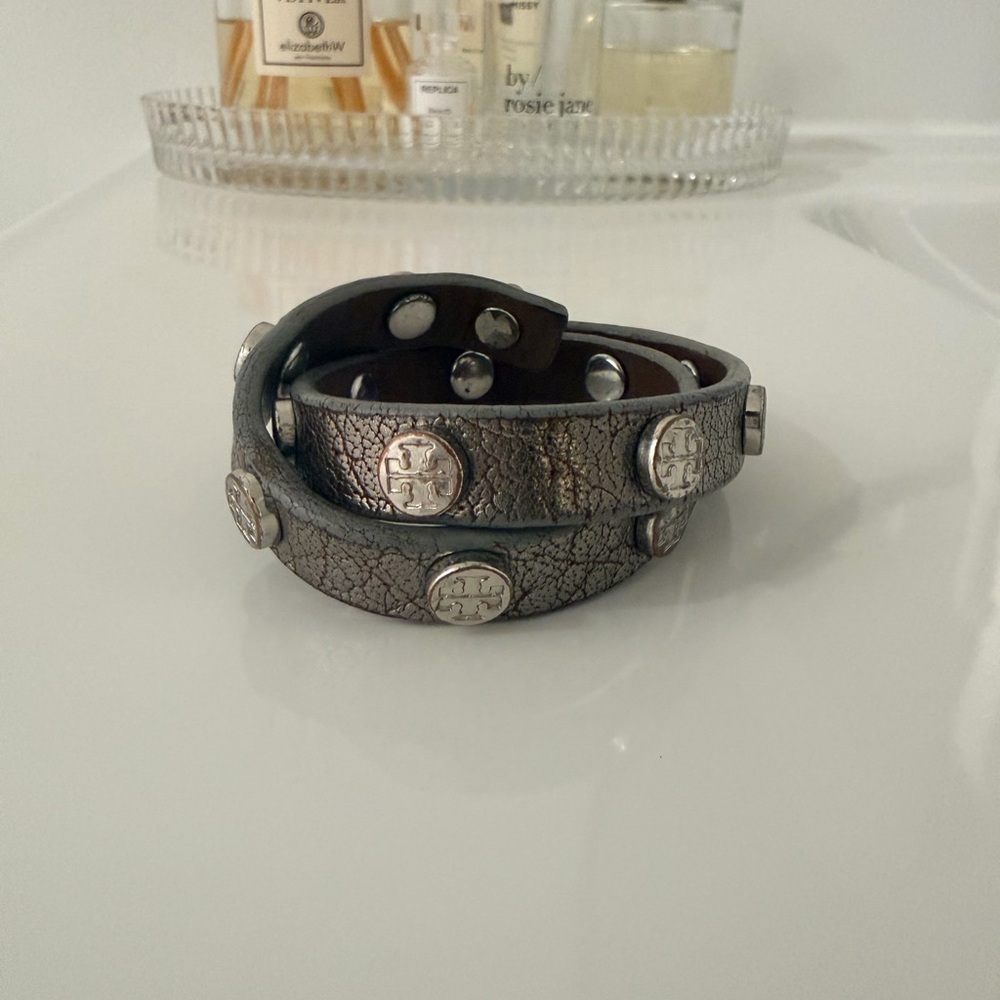 Tory Burch Gunmetal Metallic Logo Studded Leather Wrap Bracelet